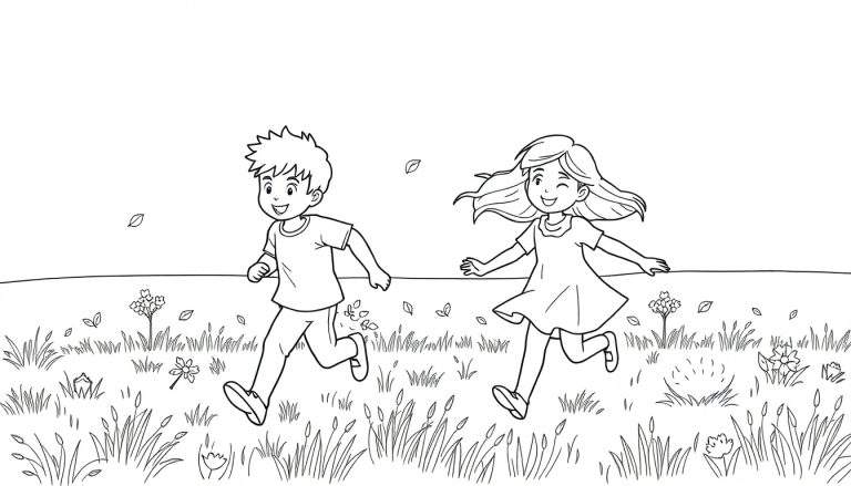 Um menino e uma menina correndo felizes em um campo verde, com seus cabelos e roupas balançando ao vento. Folhas voam ao redor deles neste color panel.