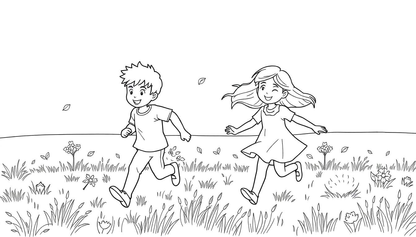 Um menino e uma menina correndo felizes em um campo verde, com seus cabelos e roupas balançando ao vento. Folhas voam ao redor deles neste color panel.