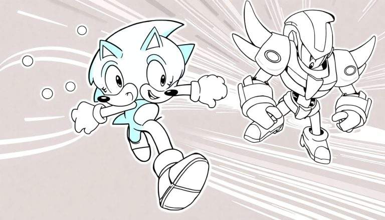 Ilustração de um personagem parecido com Sonic correndo e um robô atacando.