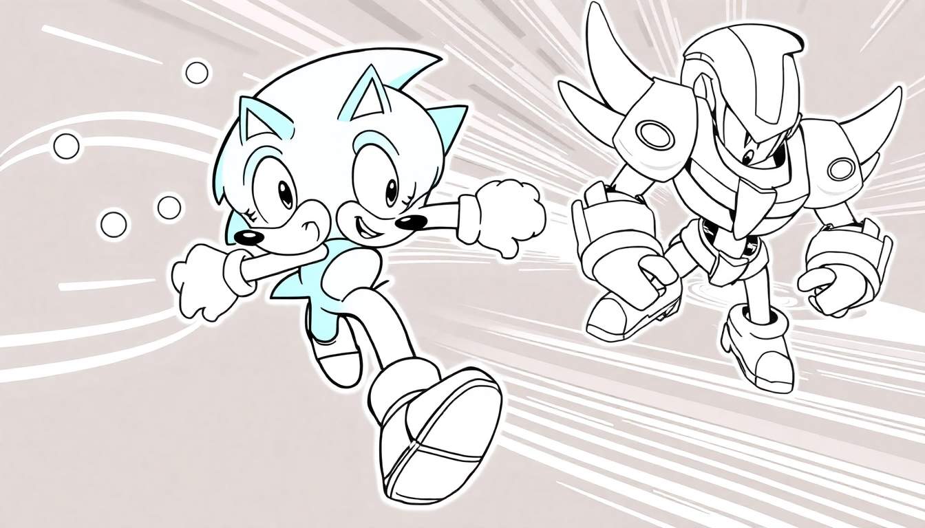 Ilustração de um personagem parecido com Sonic correndo e um robô atacando.