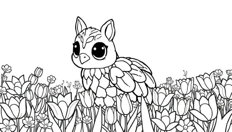 Um corvo adorável em um campo de tulipas, pronto para colorir, com um color panel.