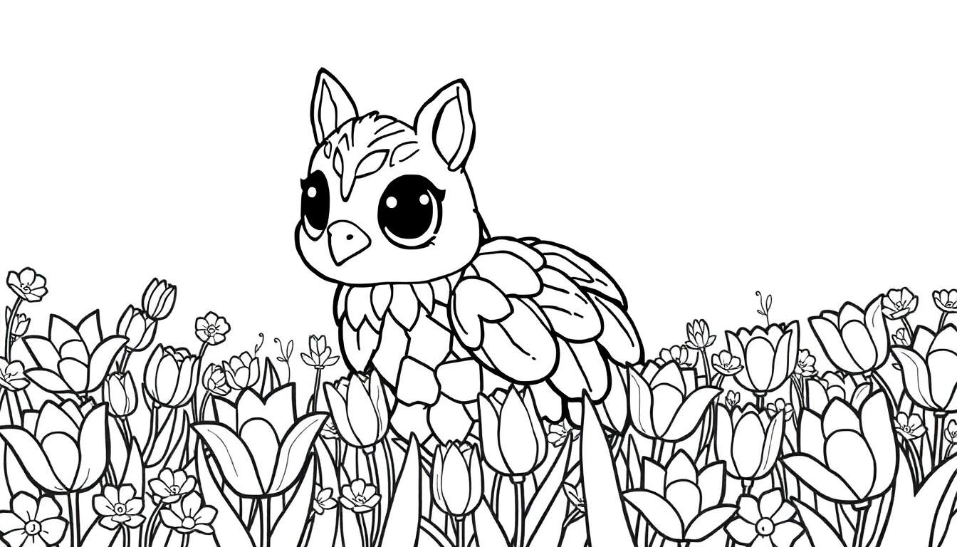 Um corvo adorável em um campo de tulipas, pronto para colorir, com um color panel.