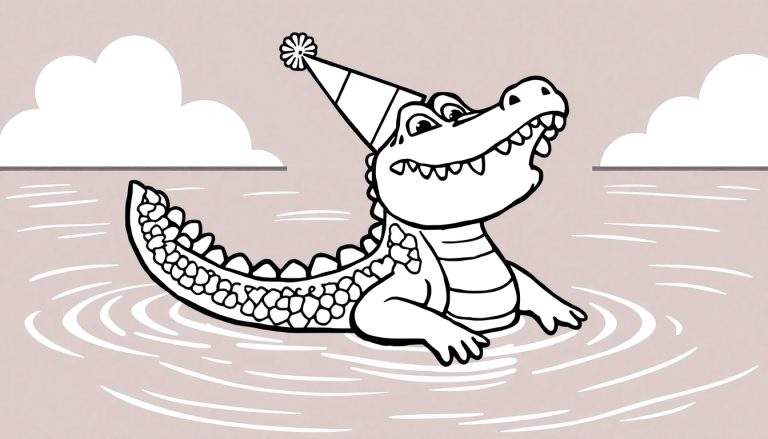 Um crocodilo sorridente e fofo com um chapéu de festa nadando em água com ondulações, desenhado em estilo de desenho animado.