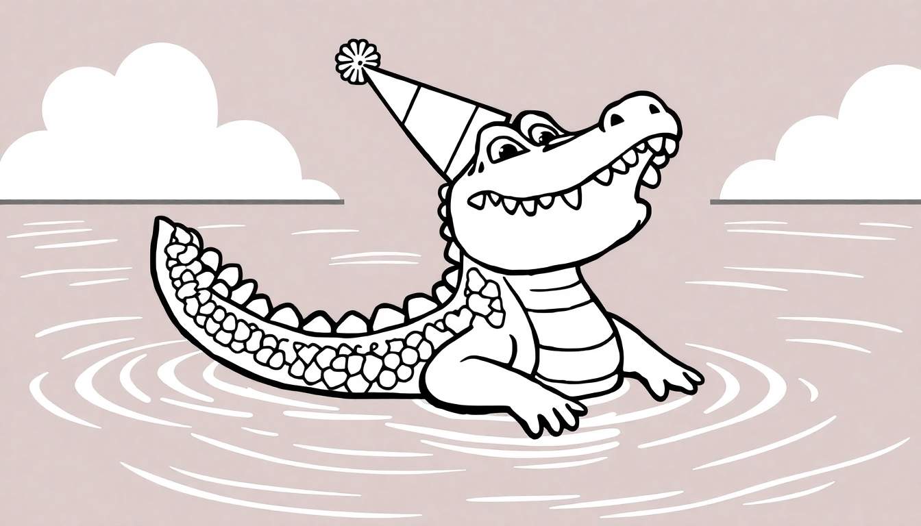 Um crocodilo sorridente e fofo com um chapéu de festa nadando em água com ondulações, desenhado em estilo de desenho animado.
