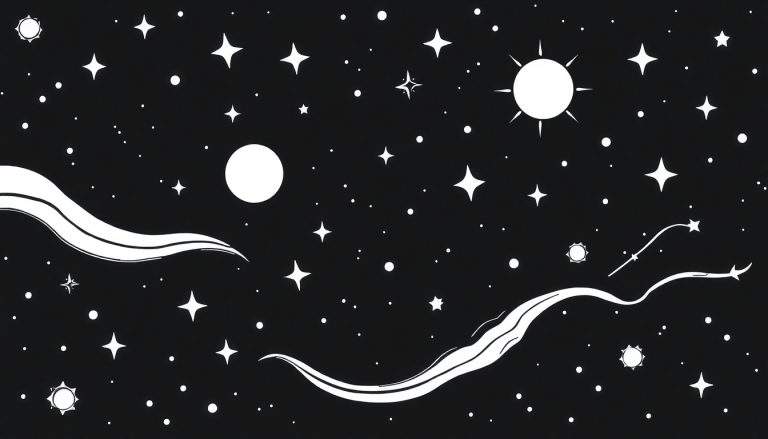 Fundo preto com um sol brilhante, lua crescente, nuvens brancas onduladas e estrelas de vários tamanhos no color panel.