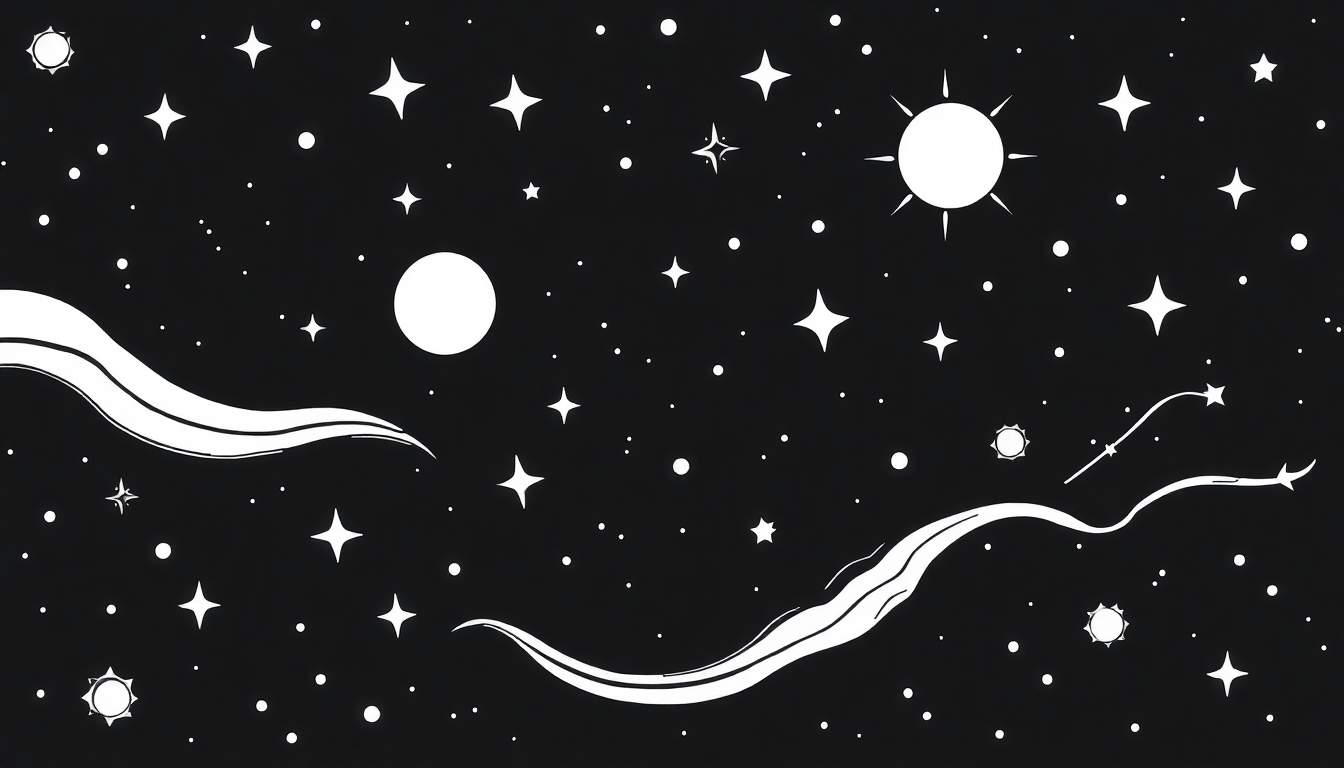 Fundo preto com um sol brilhante, lua crescente, nuvens brancas onduladas e estrelas de vários tamanhos no color panel.