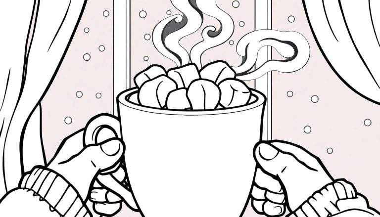 Um close-up em preto e branco de mãos segurando uma caneca fumegante com marshmallows, em frente a uma janela com neve caindo.