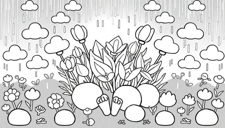 Um desenho em preto e branco de um dia chuvoso, com nuvens, chuva e um par de pezinhos entre as flores, pronto para colorir. Este color panel convida à criatividade.