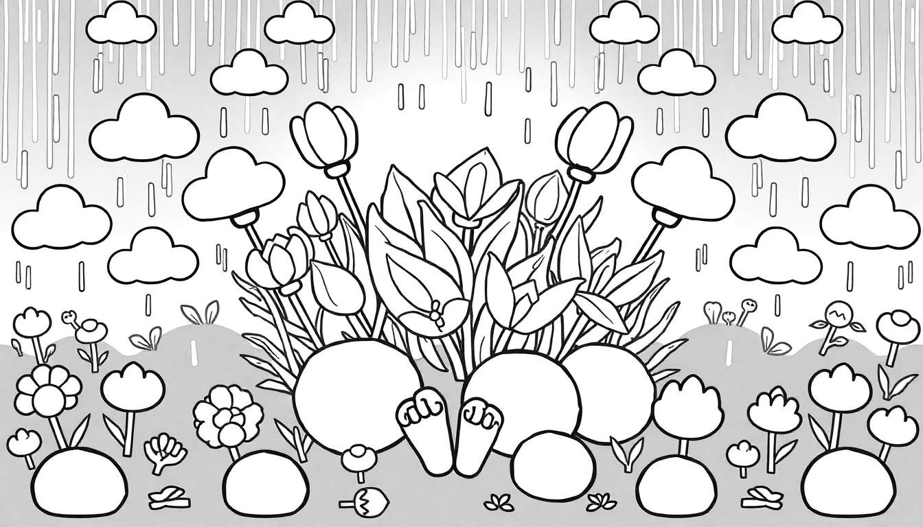 Um desenho em preto e branco de um dia chuvoso, com nuvens, chuva e um par de pezinhos entre as flores, pronto para colorir. Este color panel convida à criatividade.