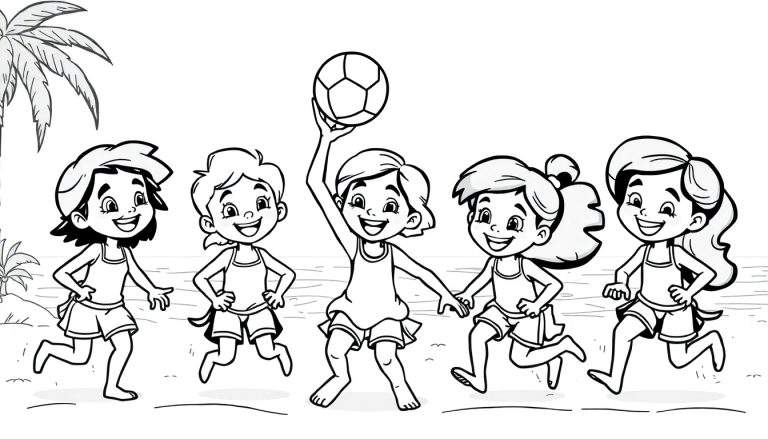 Um desenho a preto e branco de cinco meninas a brincar na praia, com uma palmeira. Uma menina segura uma bola de futebol. O color panel mostra um dia alegre.