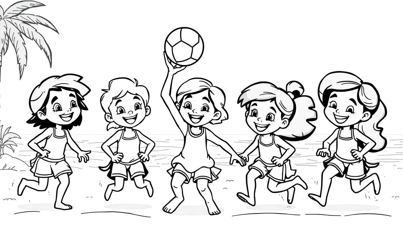 Um desenho a preto e branco de cinco meninas a brincar na praia, com uma palmeira. Uma menina segura uma bola de futebol. O color panel mostra um dia alegre.
