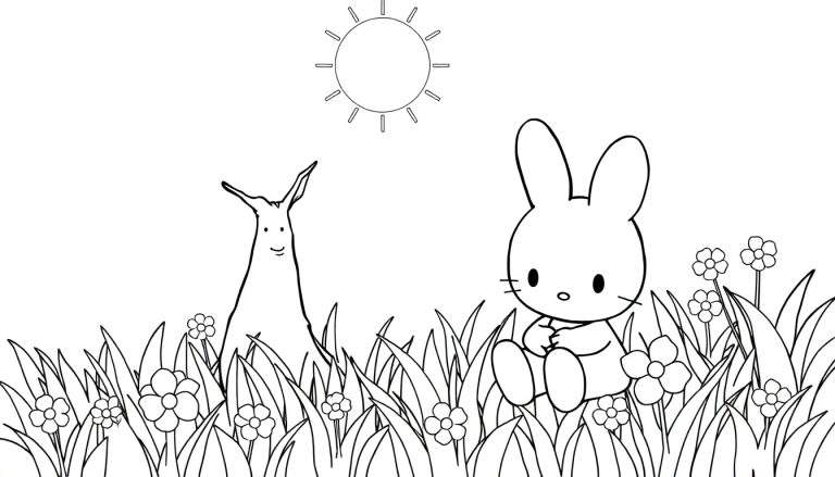 Desenho em preto e branco de um coelho num campo florido sob um sol radiante, perfeito para um color panel.