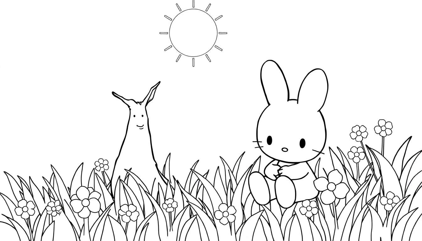 Desenho em preto e branco de um coelho num campo florido sob um sol radiante, perfeito para um color panel.