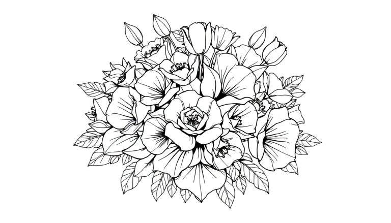 Um desenho em preto e branco de um arranjo floral, ideal para um color panel.