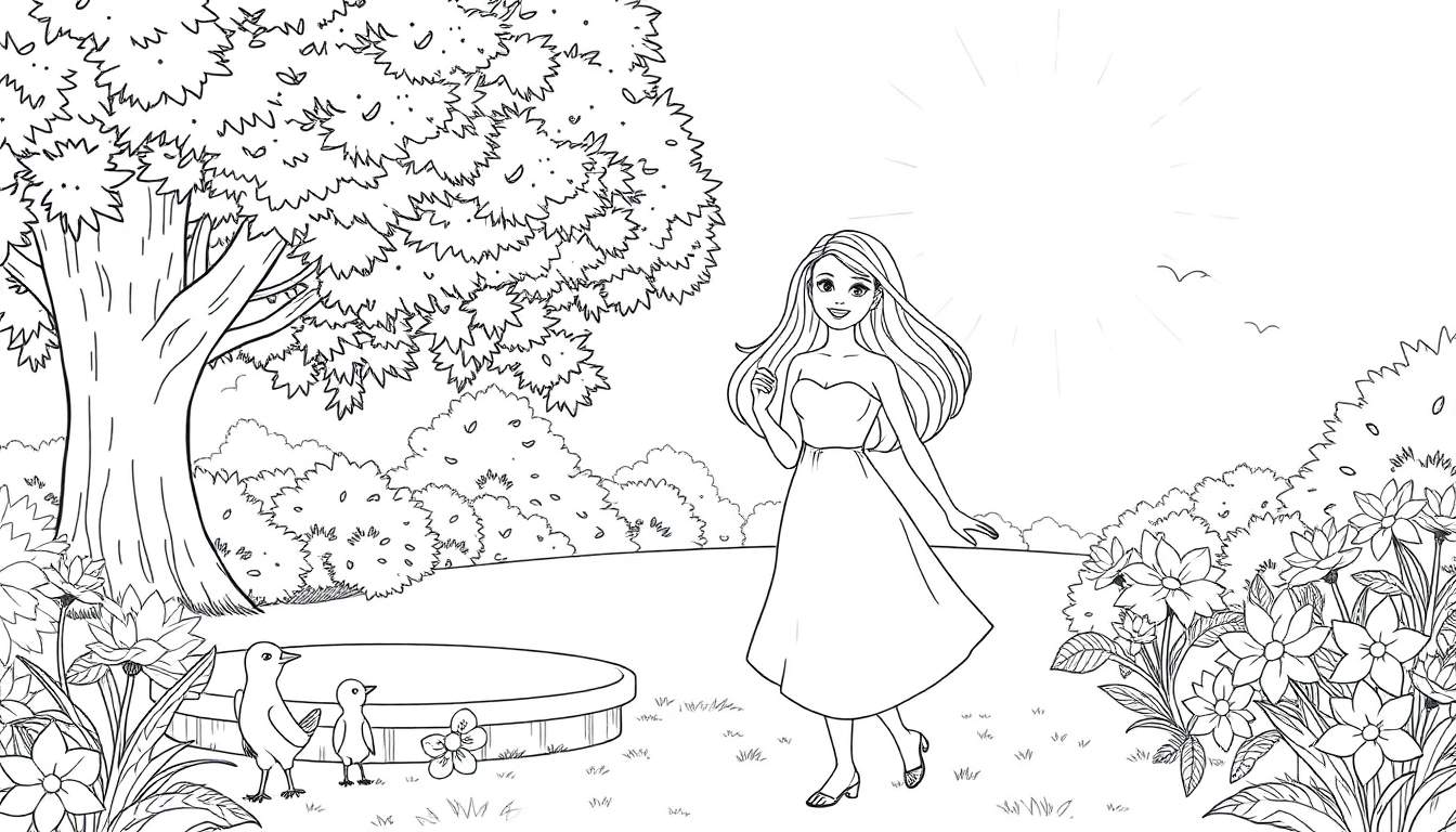Página de colorir de uma mulher sorrindo em um jardim com pássaros e sol.