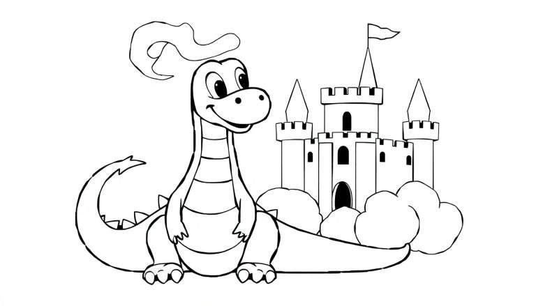 Desenho de um dragão amigável com um castelo ao fundo, pronto para colorir.