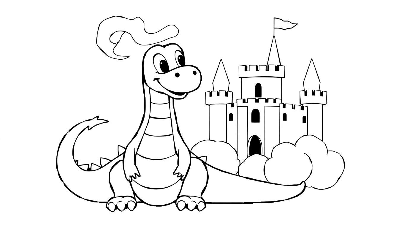 Desenho de um dragão amigável com um castelo ao fundo, pronto para colorir.