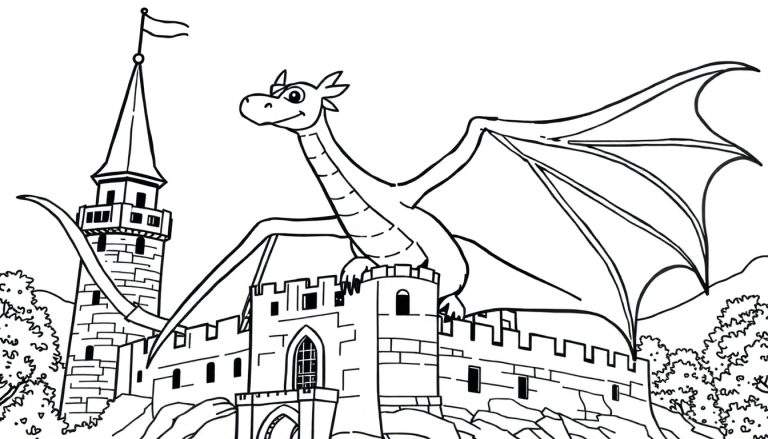 Desenho em preto e branco de um dragão sorridente com asas abertas sobre um castelo com torres e uma bandeira, com árvores ao fundo.