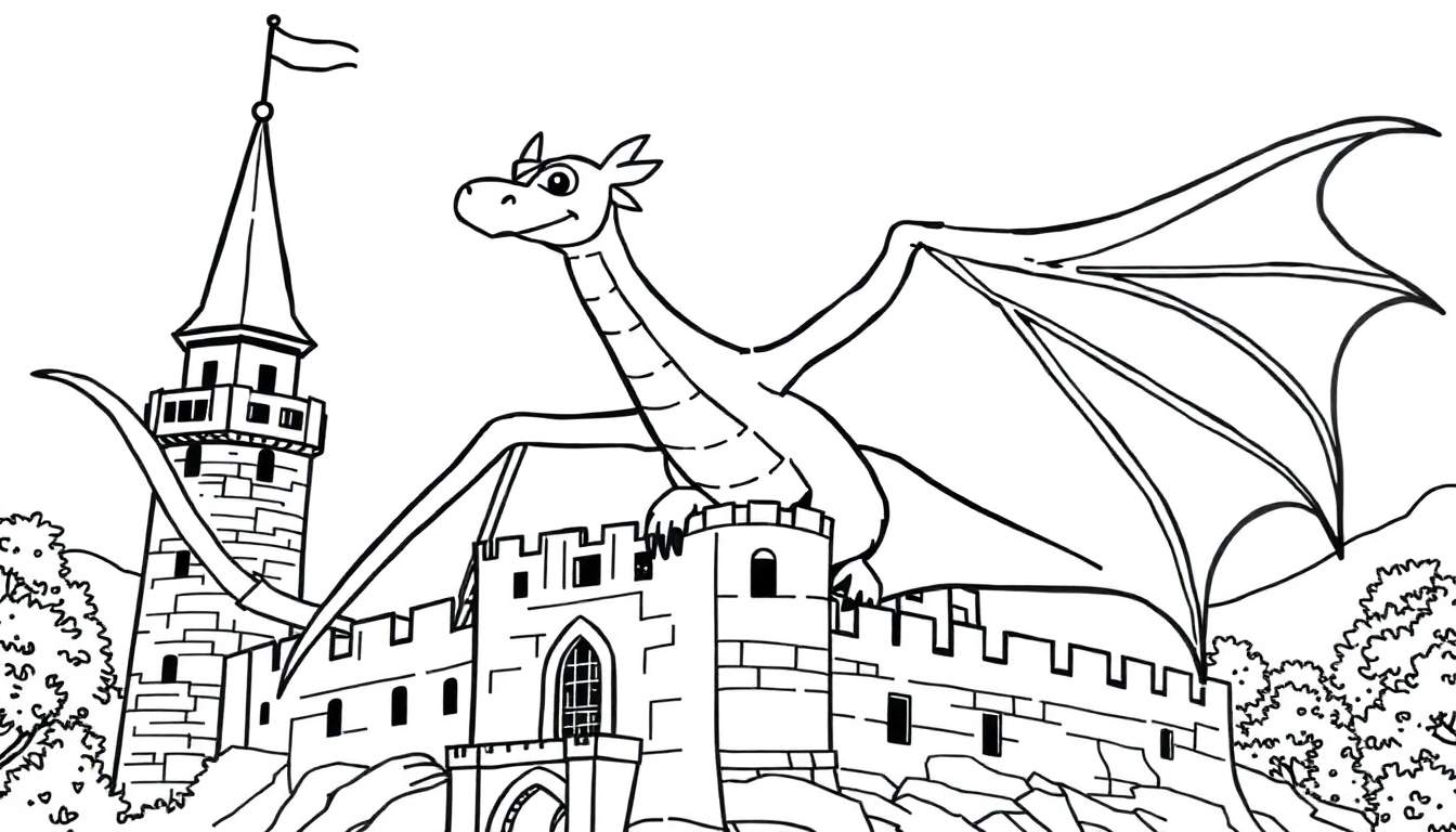 Desenho em preto e branco de um dragão sorridente com asas abertas sobre um castelo com torres e uma bandeira, com árvores ao fundo.