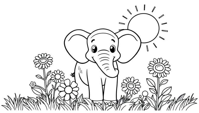 Um desenho em preto e branco de um elefante fofo num campo florido, pronto para o color panel.
