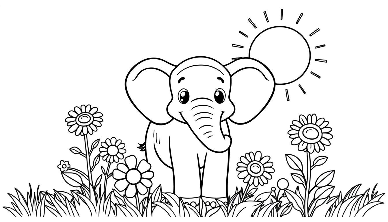 Um desenho em preto e branco de um elefante fofo num campo florido, pronto para o color panel.