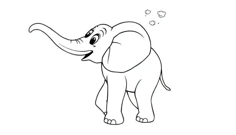 Um desenho de um elefante de desenho animado em preto e branco com nuvens, perfeito para colorir em um color panel.