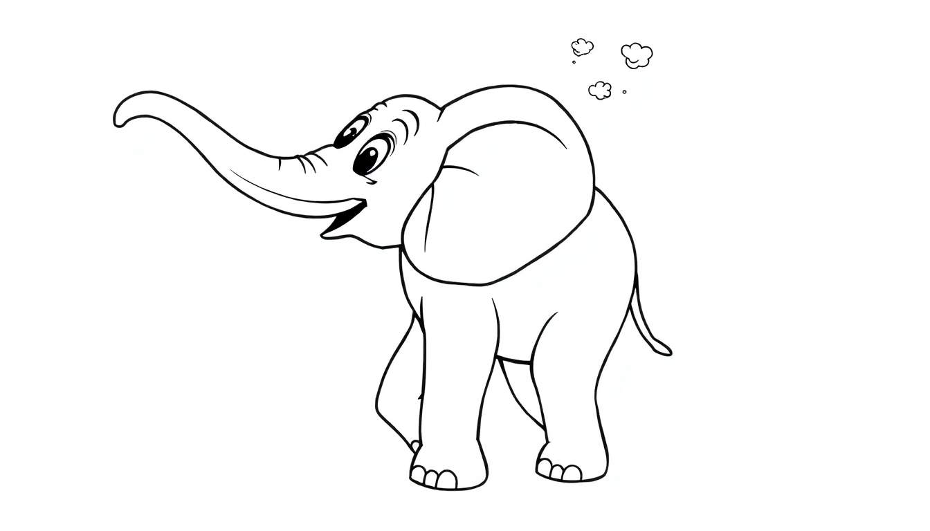 Um desenho de um elefante de desenho animado em preto e branco com nuvens, perfeito para colorir em um color panel.