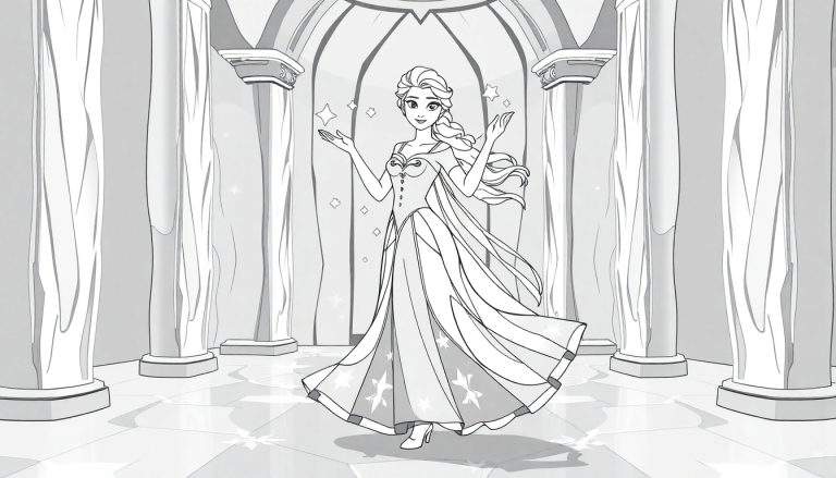 Ilustração em preto e branco de uma personagem feminina semelhante a Elsa, com um vestido longo e estrelas, de pé em um ambiente arquitetônico com pilares e um arco.