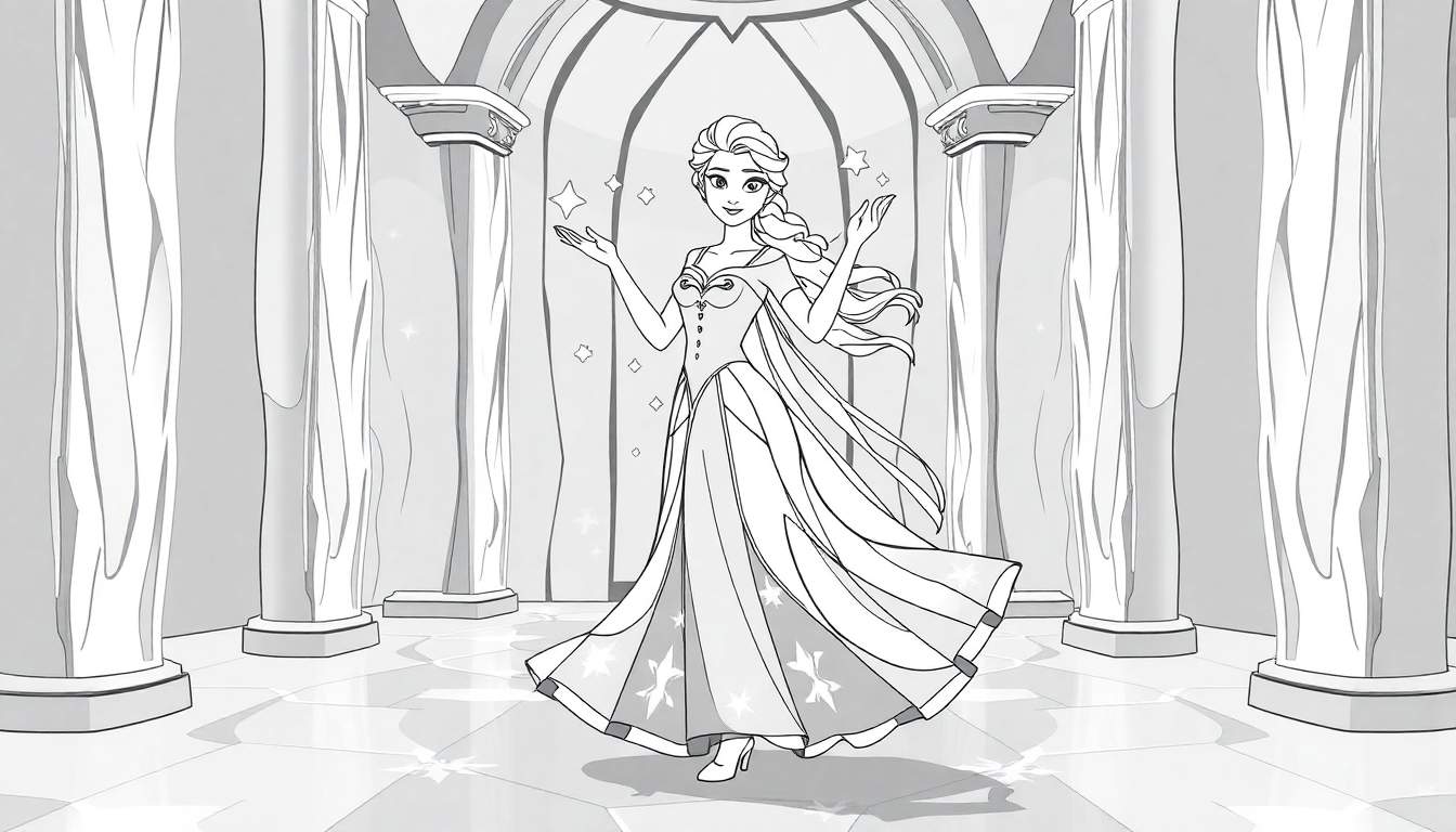 Ilustração em preto e branco de uma personagem feminina semelhante a Elsa, com um vestido longo e estrelas, de pé em um ambiente arquitetônico com pilares e um arco.