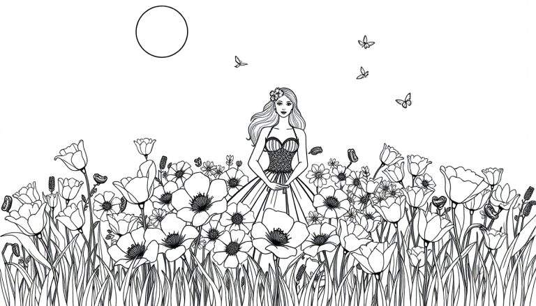 Um color panel de uma fada dançando em um campo de flores.
