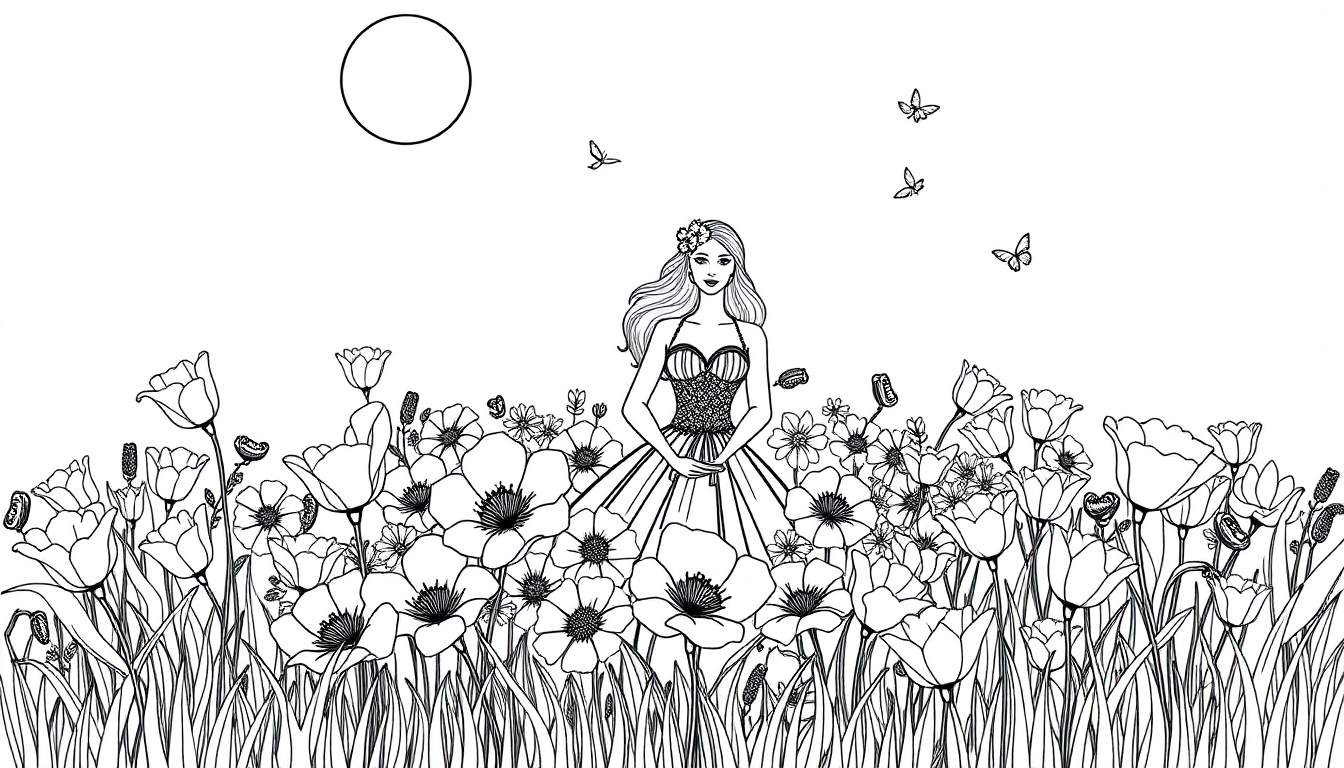 Um color panel de uma fada dançando em um campo de flores.