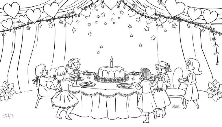 Desenho em preto e branco de crianças em uma festa de aniversário, reunidas ao redor de uma mesa com bolo e velas. O local está decorado com guirlandas e estrelas.