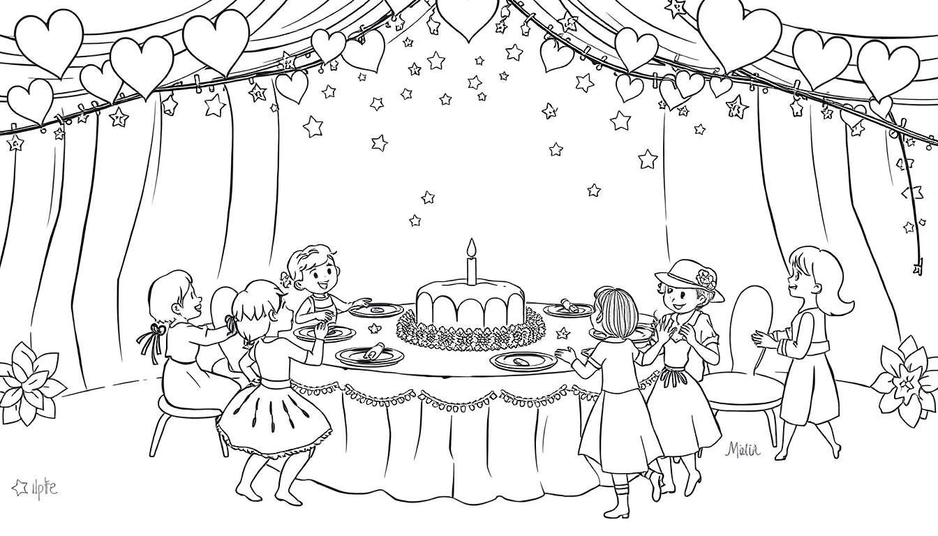 Desenho em preto e branco de crianças em uma festa de aniversário, reunidas ao redor de uma mesa com bolo e velas. O local está decorado com guirlandas e estrelas.