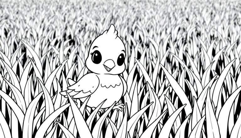 Um desenho em preto e branco de um filhote de pássaro fofo em grama alta, perfeito para colorir no color panel.