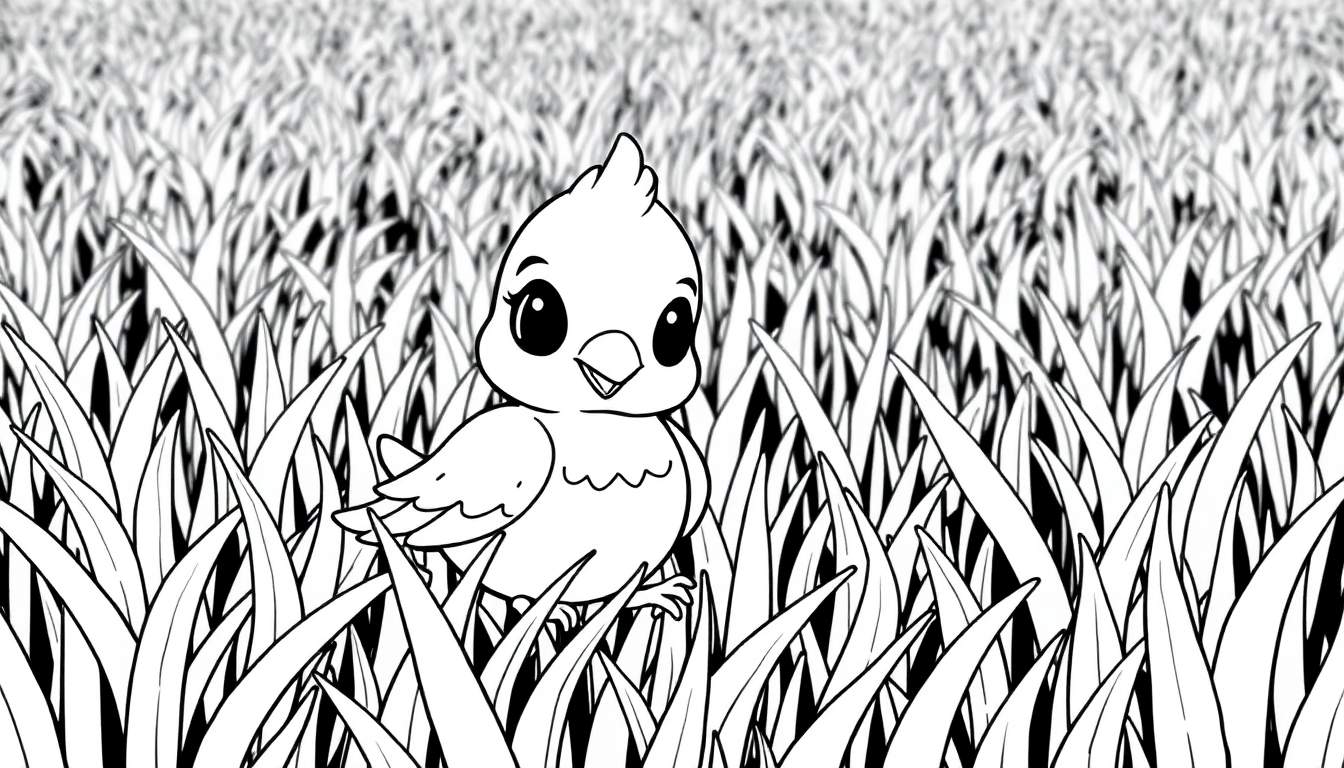 Um desenho em preto e branco de um filhote de pássaro fofo em grama alta, perfeito para colorir no color panel.