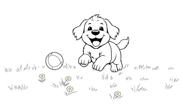 Um filhote de golden retriever correndo em um campo, pronto para ser colorido, uma pintura para colorir.