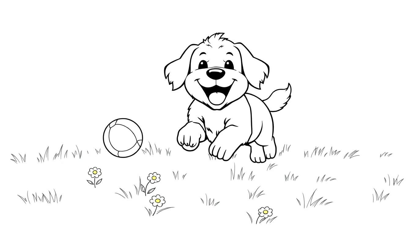 Um filhote de golden retriever correndo em um campo, pronto para ser colorido, uma pintura para colorir.
