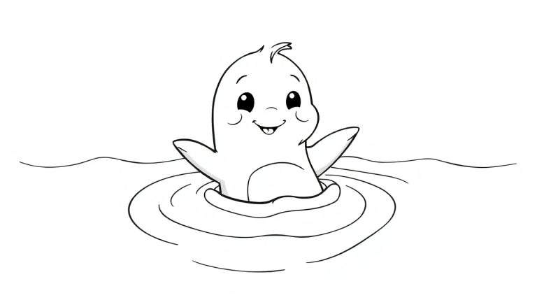 Um desenho animado de um filhote de foca feliz emergindo da água, acenando com a nadadeira. Ideal para colorir.