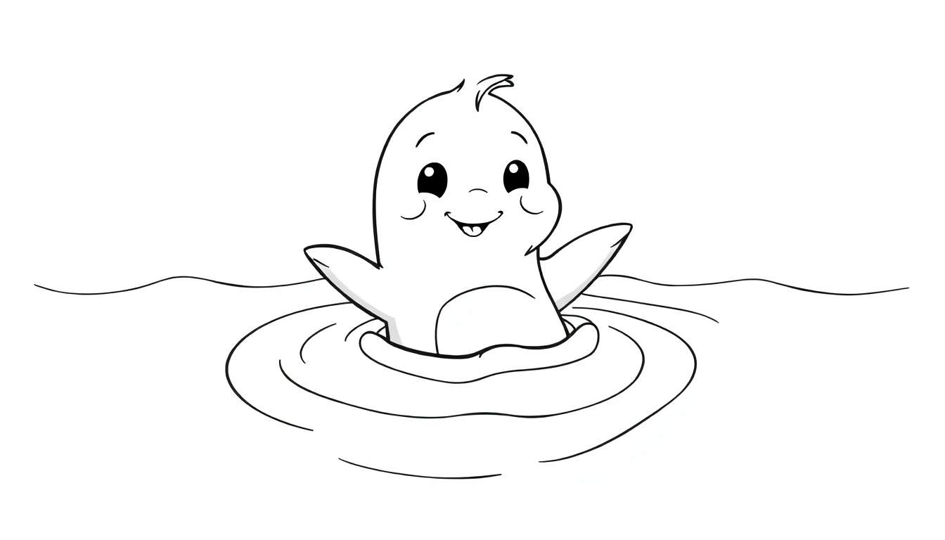 Um desenho animado de um filhote de foca feliz emergindo da água, acenando com a nadadeira. Ideal para colorir.