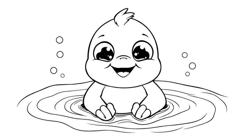 Um adorável filhote de pássaro preto e branco sorrindo em uma piscina com bolhas.