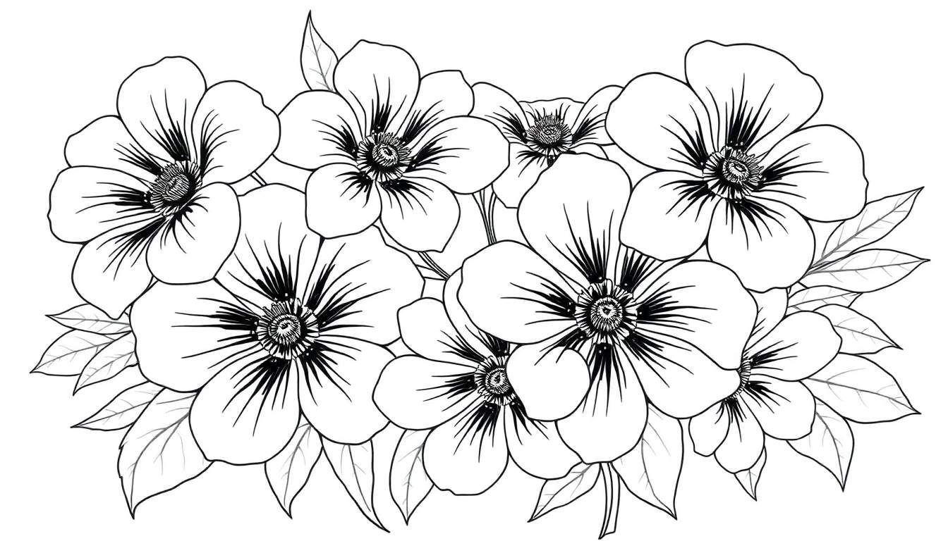 Ilustração em preto e branco de flores e folhas detalhadas, como um color panel.