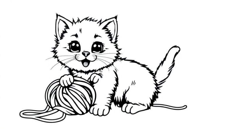 Pintura para colorir de um gatinho fofo enrolado em lã.