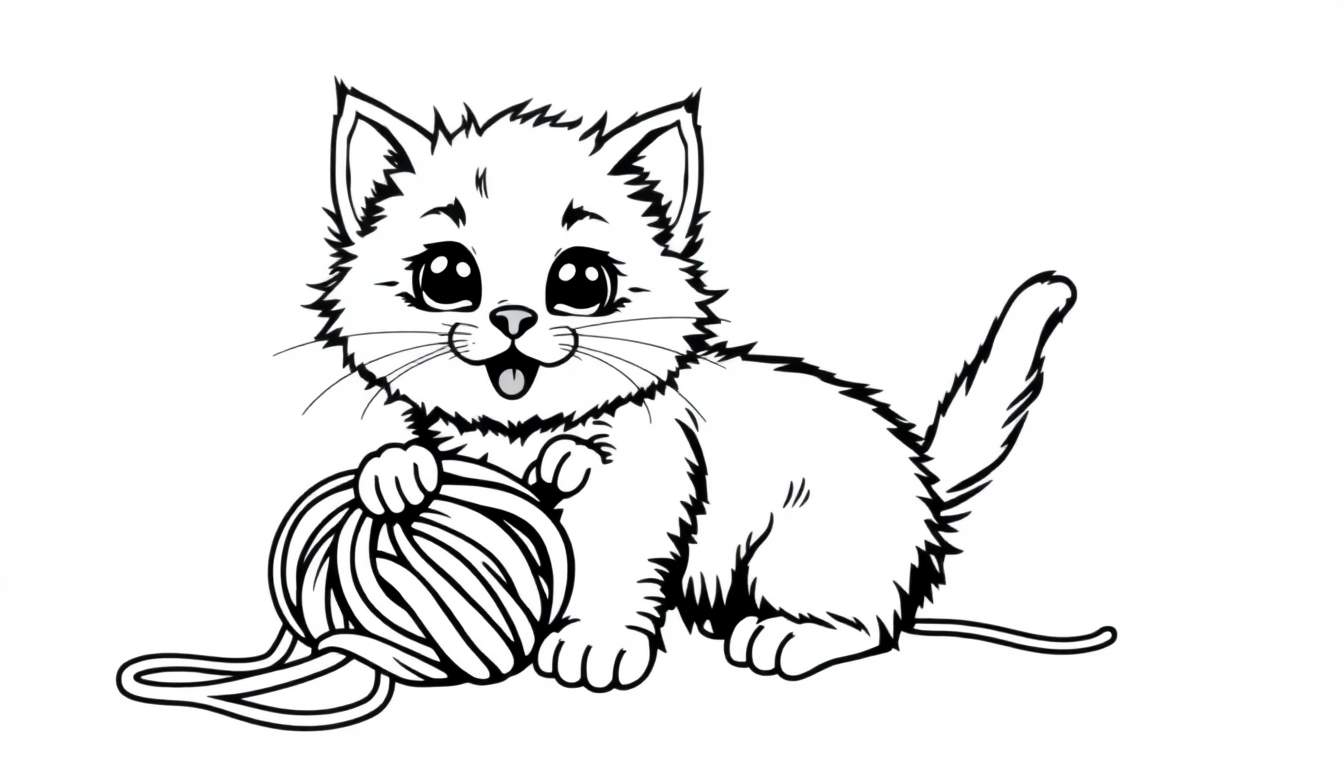 Pintura para colorir de um gatinho fofo enrolado em lã.