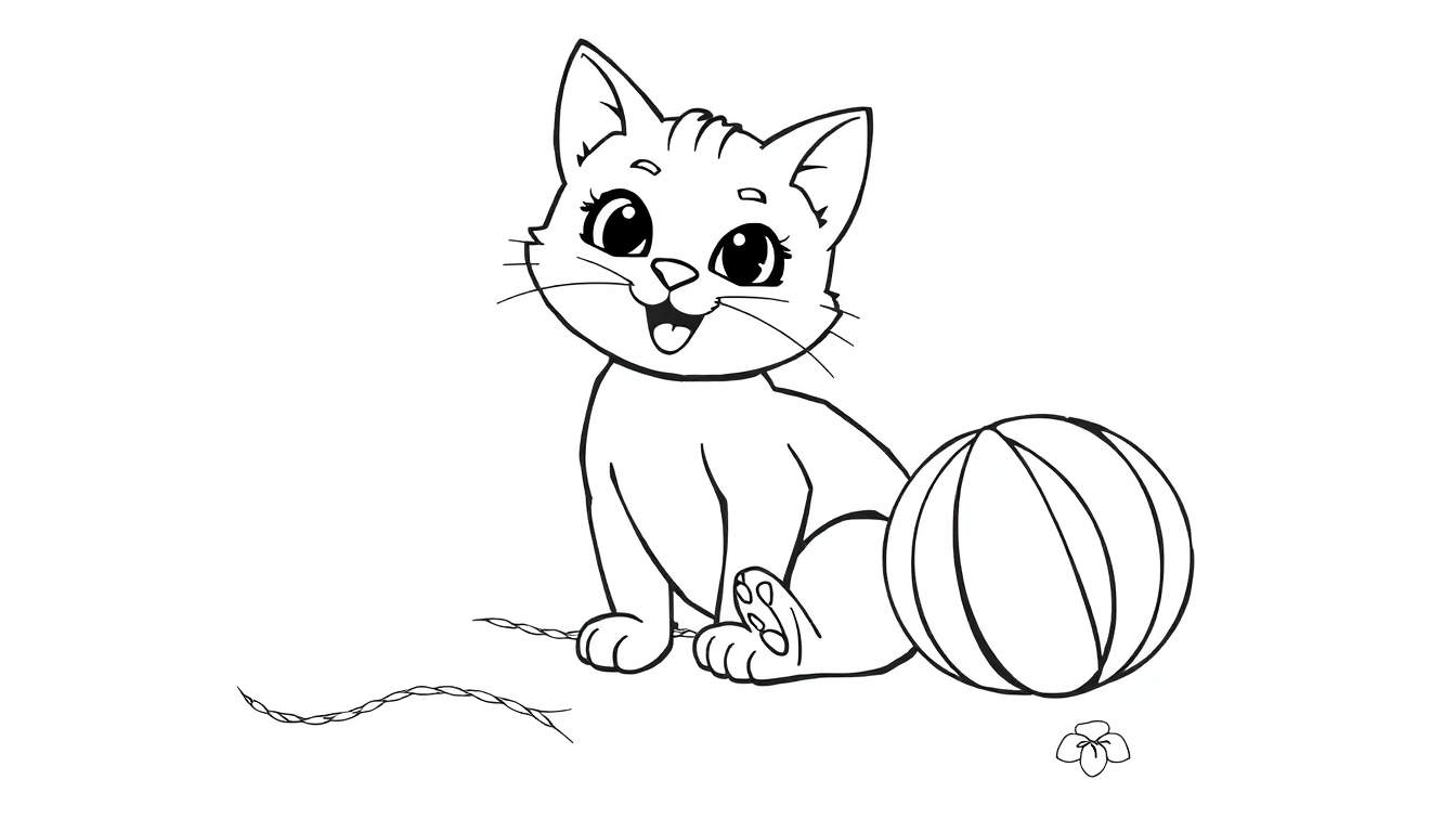 Um desenho em preto e branco de um gatinho adorável brincando com uma bola de lã, perfeito para colorir no seu color panel.
