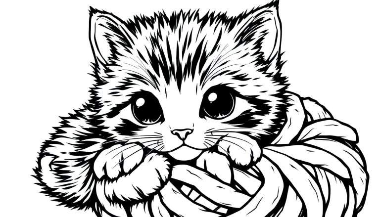 Um gatinho fofo e peludo brincando com um novelo de lã, olhos grandes, linhas claras e simples, pintura para colorir para crianças, fundo branco.