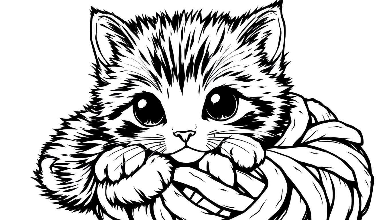 Um gatinho fofo e peludo brincando com um novelo de lã, olhos grandes, linhas claras e simples, pintura para colorir para crianças, fundo branco.
