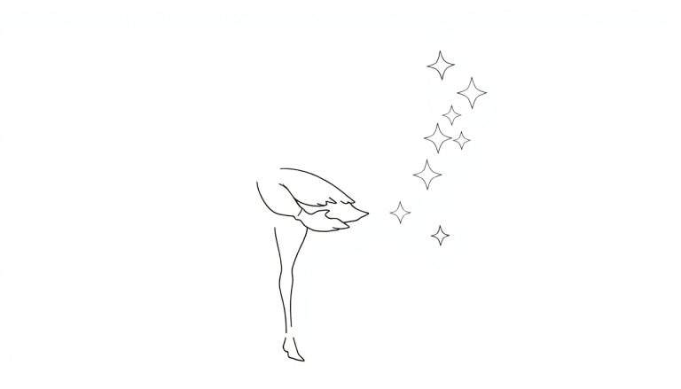 Desenho minimalista em preto e branco de uma ginasta com um vestido esvoaçante, rodeada por estrelas estilizadas.