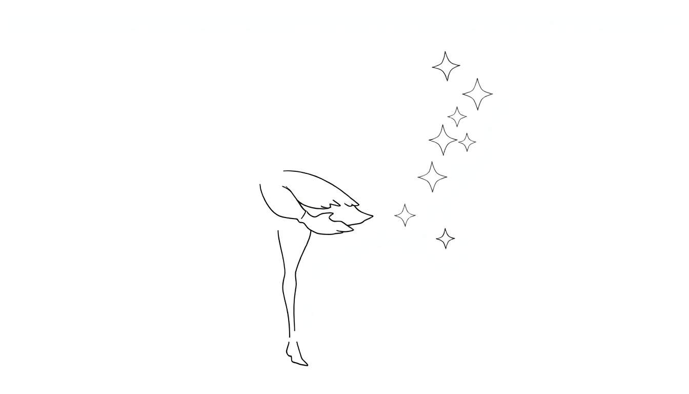 Desenho minimalista em preto e branco de uma ginasta com um vestido esvoaçante, rodeada por estrelas estilizadas.