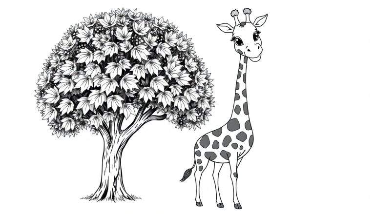 Uma girafa e uma árvore em um color panel.