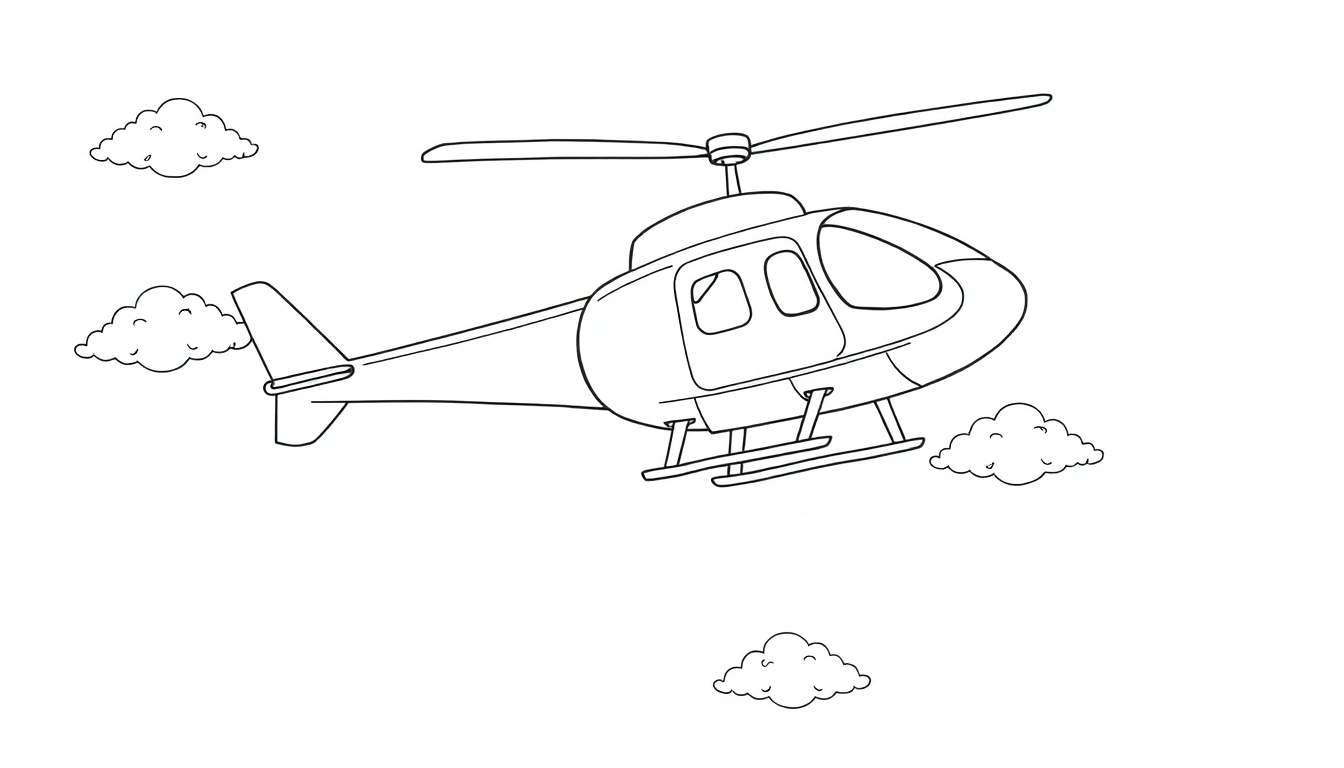 Um helicóptero desenhado à mão voando entre nuvens, com um espaço para colorir.